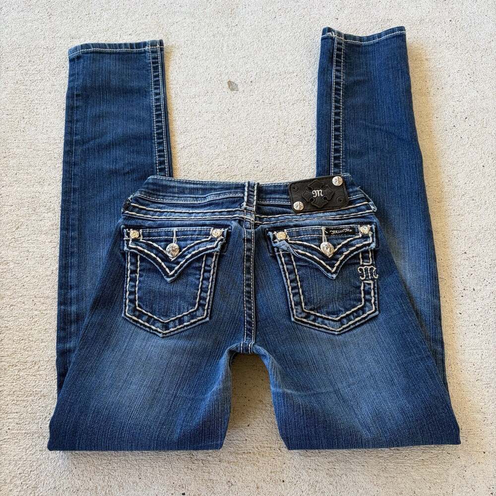 Miss Me Low Rise Skinny Jeans Women's Size 14 Dark Wash Embellished Flap Pockets